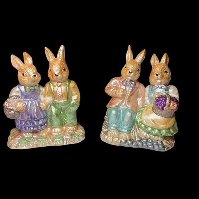 Vintage Pair of K's Collection Bunny Couple Figurines Pastel Easter Rabbits 3.5''