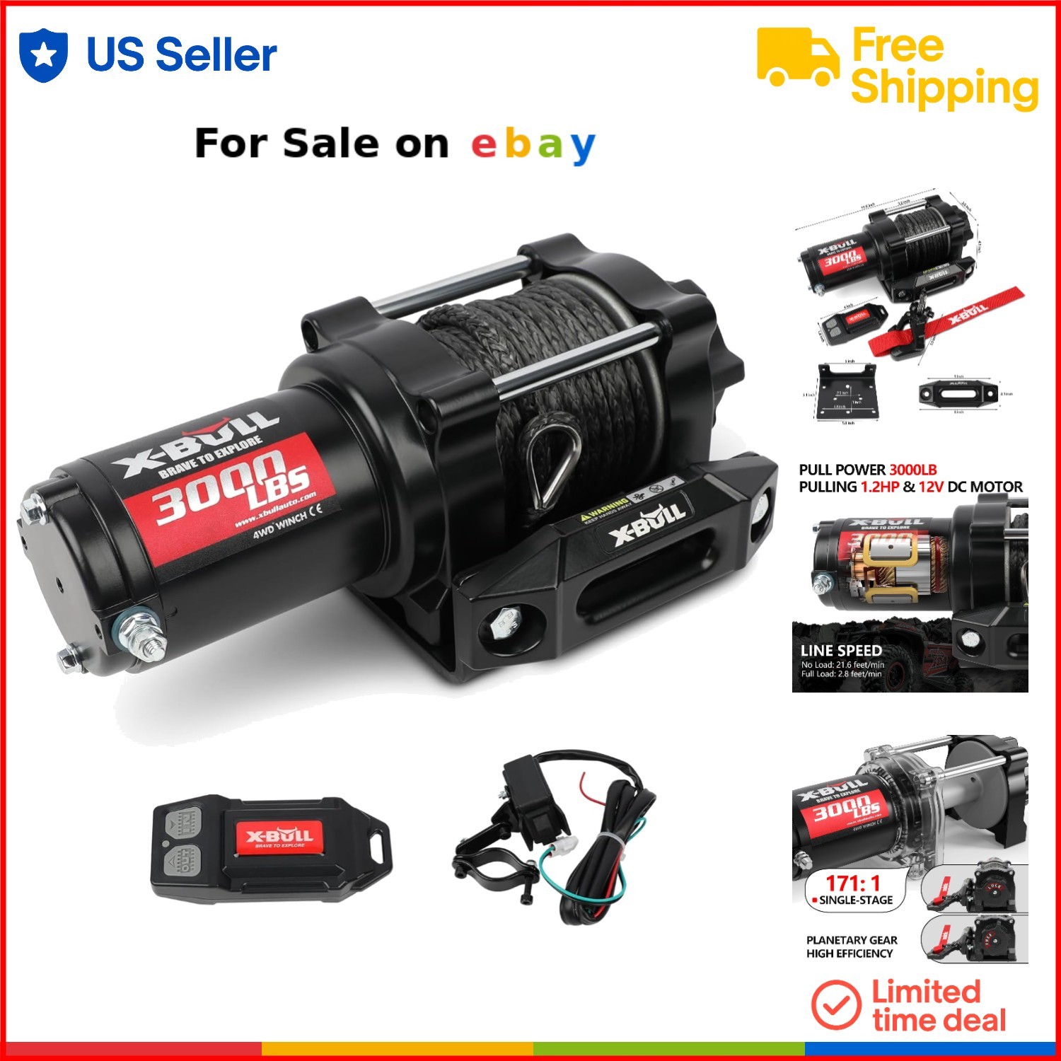 12V 3000lbs Waterproof Electric Winch for ATV UTV Boat with Wireless Remote