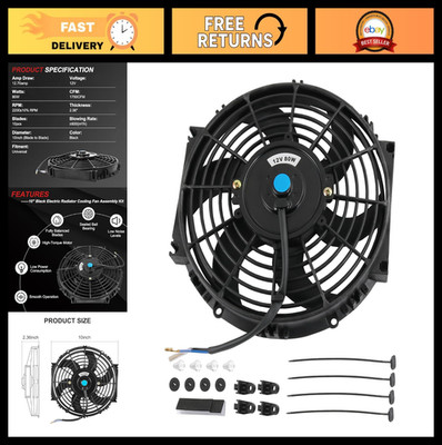 Universal 10'' Electric Radiator Cooling Fan - Slim Push/Pull 12V 80W 1750CFM