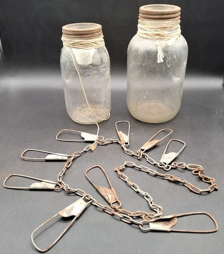 VINTAGE Metal Chain Link FISH STRINGERS  8 Snap - 2 HOMEMADE MINNOW FUNNEL TRAPS