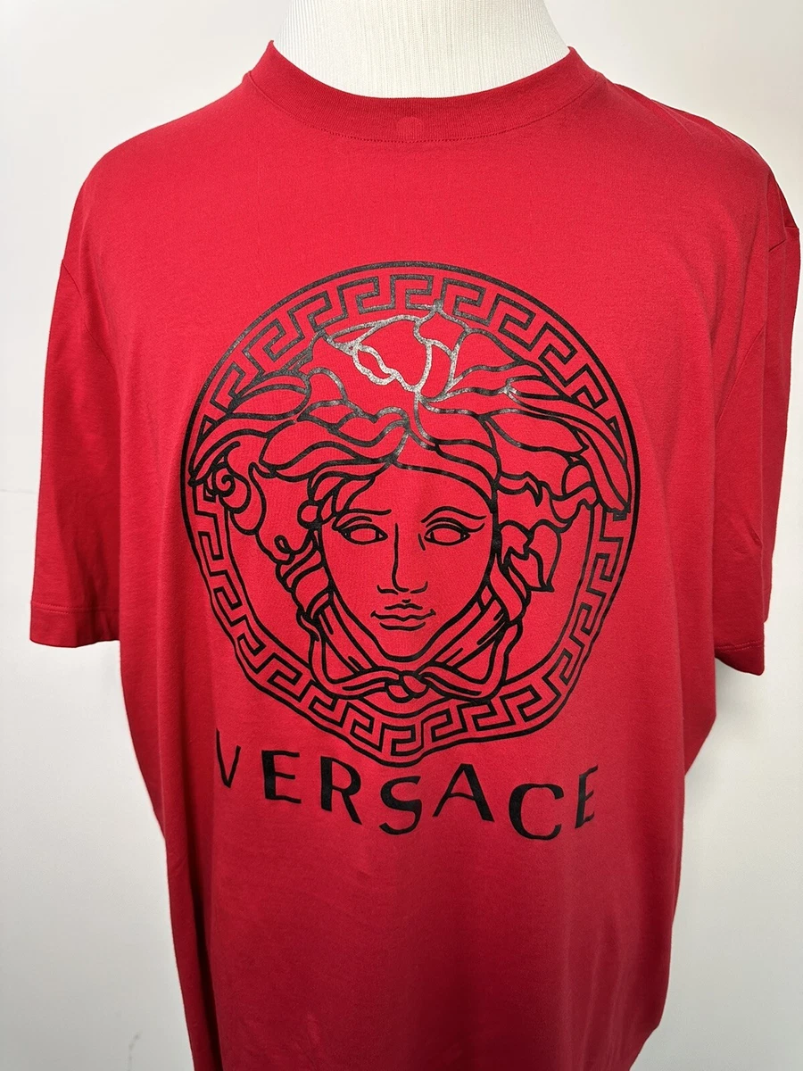 VERSACE Cherry Red Cotton Jersey Embroidered MEDUSA Men's T