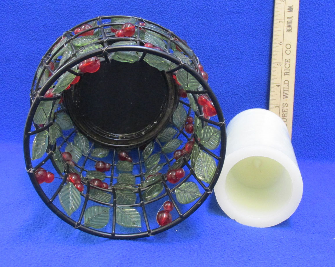 Pillar Candle Holder w/ Flameless Candle Green Leaf & Red Berry Wire