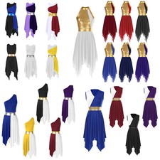 Women Dance Dress Color Block Praise Liturgical Irregular Hem Lyrical Dance-wear