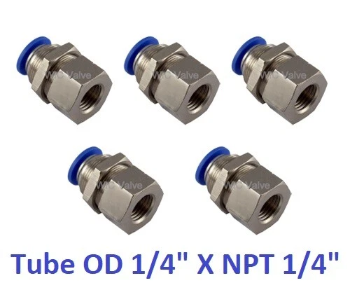 WIC VALVE Pneumatic Bulkhead Push In Fitting Connector Tube OD 1/4" X NPT 1/4" 5 Pieces