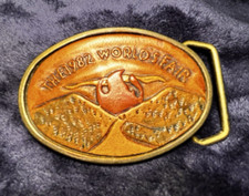 Vtg BTS 1982 Worlds Fair Solid Brass and Tooled Leather Belt Buckle USA