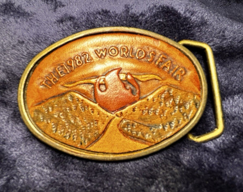 Vtg BTS 1982 Worlds Fair Solid Brass and Tooled Leather Belt Buckle USA