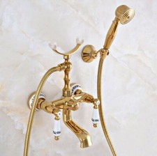 Gold Color Brass Clawfoot Bath Tub Faucet Telephone Design Handheld Shower Set