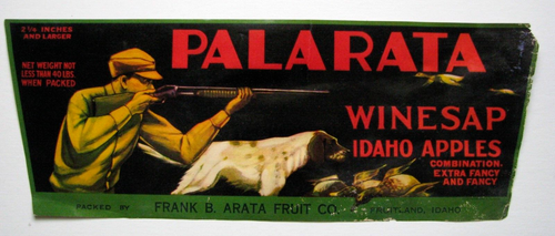 Original rare PALARATA apple label bushel basket Fruitland Idaho hunter duck dog