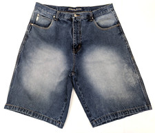 Vtg KOMAN Baggy Jean Shorts, Men 38x13, Ombre Blue Denim Skater Wide Long Leg