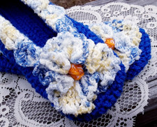 Large Handmade Crocheted Women's Bedroom House Slippers Pansy Blue Yellow White