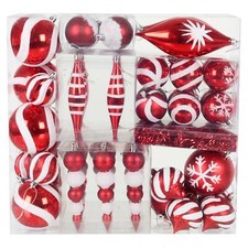 Red Christmas Tree Baubles 52 Piece Set Tree Decorations Teardrop Round Tinsel