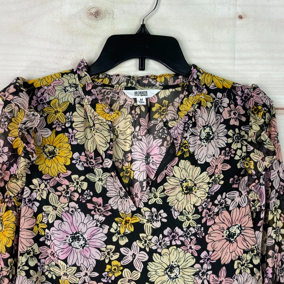 BB Dakota Top Womens M Floral Ruffle Blouse Smocked Sleeve Pullover Chiffon - Image 2 of 4