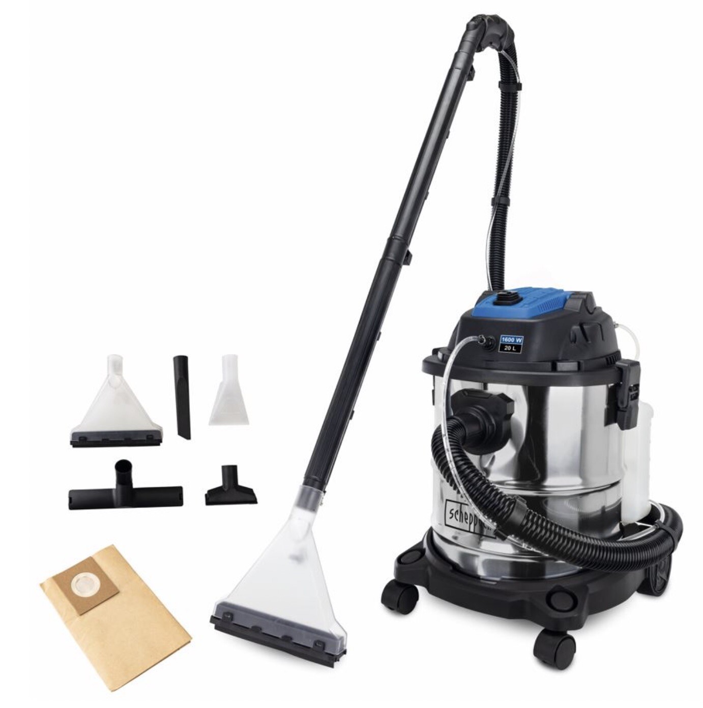 Aspirateur eau et poussiere Scheppach 5 en 1 ideal pour laver les sieges auto
