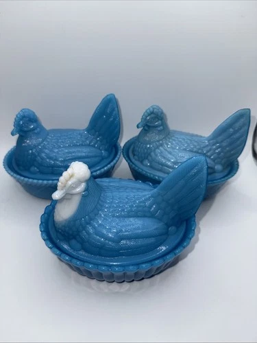 Vintage Blue Milk Glass Hen On Nest Covered Dishes Set Of 3 Tinket Box