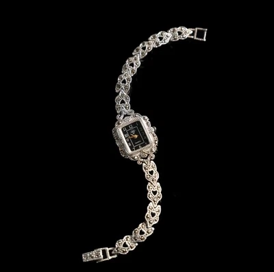 Art Déco Silberuhr 925 Sterling Markasit Ornament-Dekor Schwarz 17,5cm - Bild 1 von 4