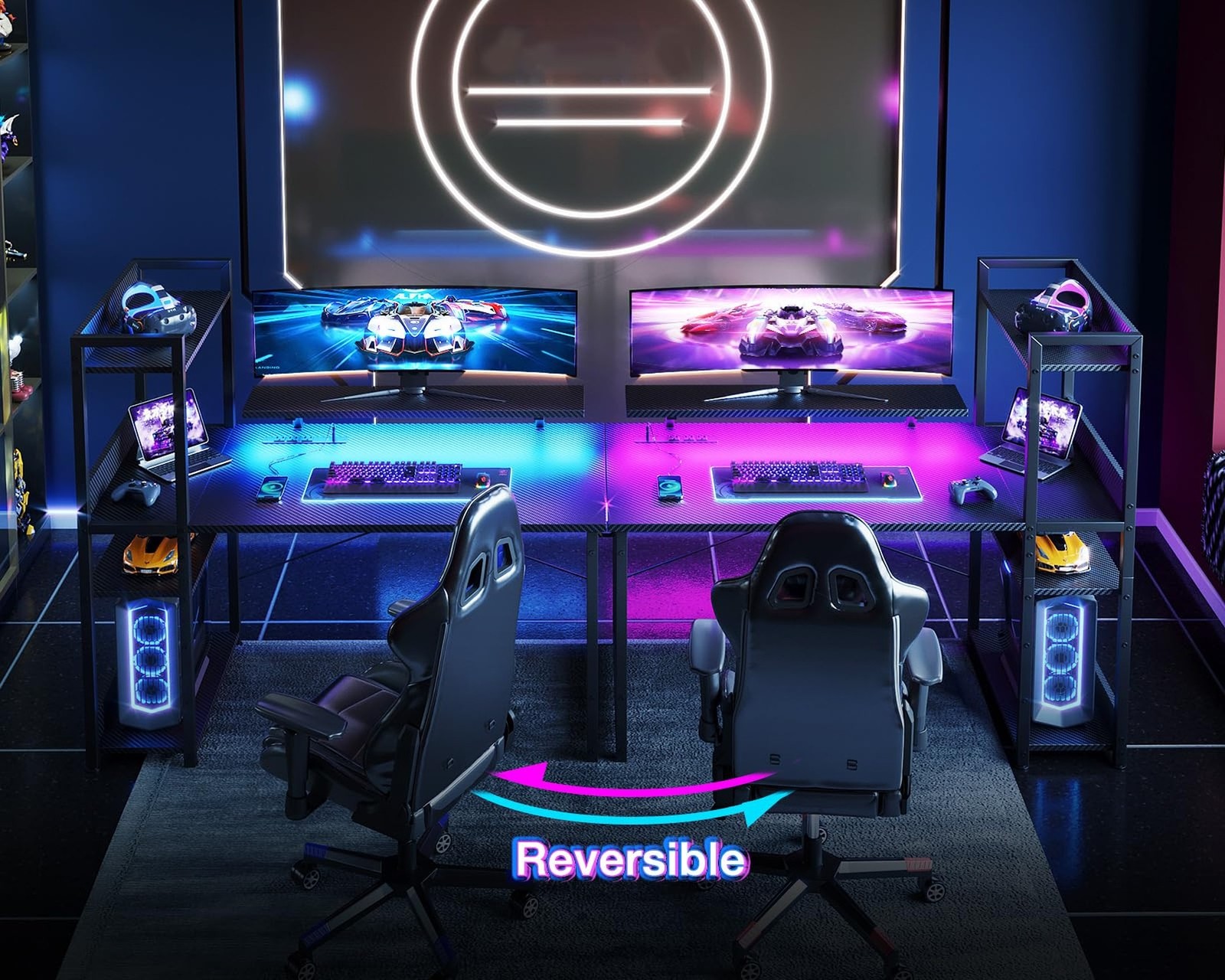 ODK Reversible Gaming Desk LED Lights, 40 Inch Computer Desk with Storage She...