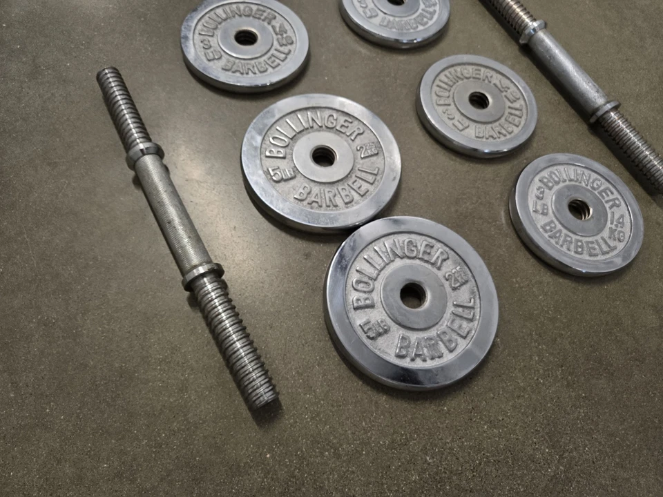 Vtg Bollinger Dumbell 4 Plates Weights 3 lb 1.4kg 2 5lbs 2.25kg Chrome Threaded - Image 2 of 4