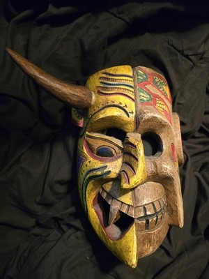 Hand Crafted Two Faced Mask From Michoacan Mexico Yellow/brown