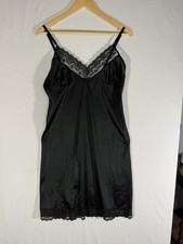VTG Diane Von Furstenberg Nylon Full Slip Dress Sz 36 Black Lace Trimmed Logo