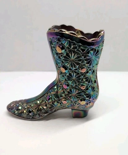 VTG Fenton Amethyst Carnival Glass Iridescent Daisy & Button Boot Shoe W Sticker