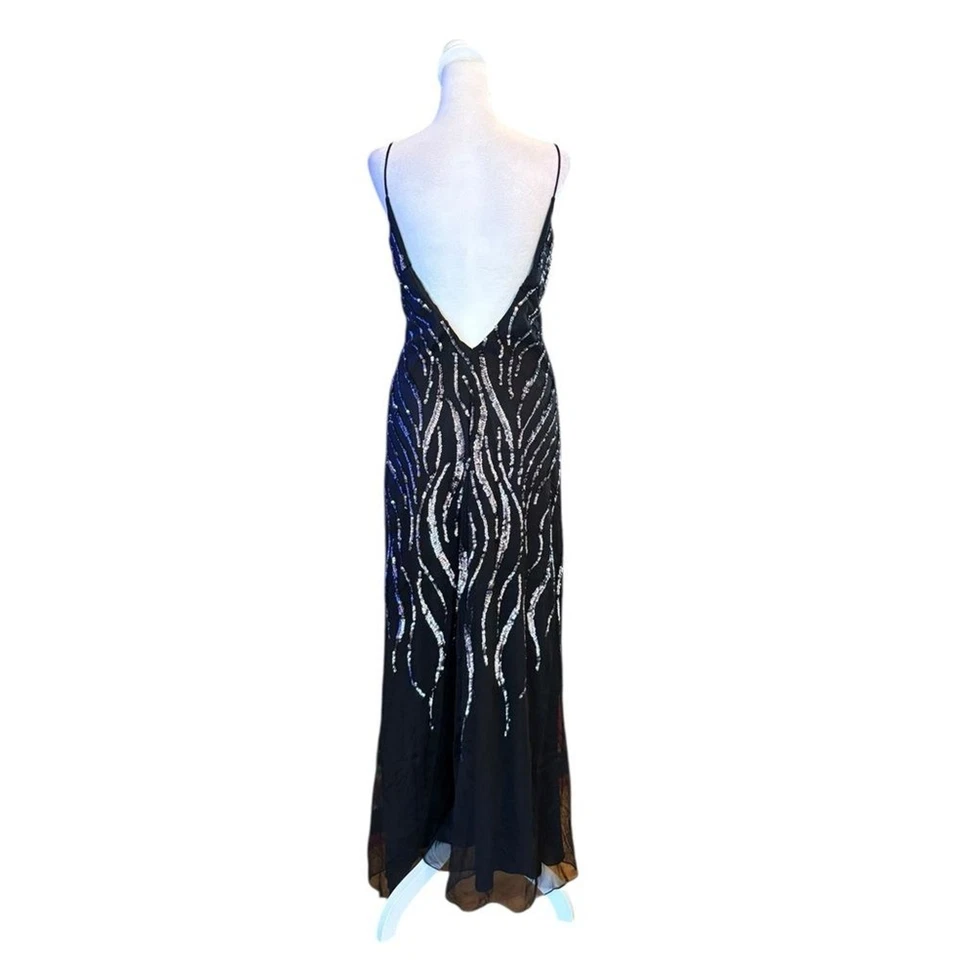 Sean Collection Black Silver Sequin Maxi Dress Open Back Chiffon Womens Large - Image 3 of 4