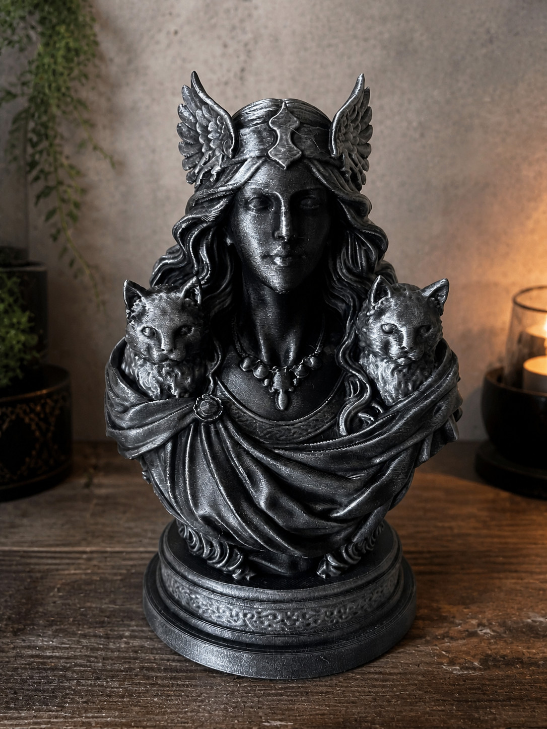 Statue Gothique Valkyrie aux Chats Noirs pour Décoration de Bureau