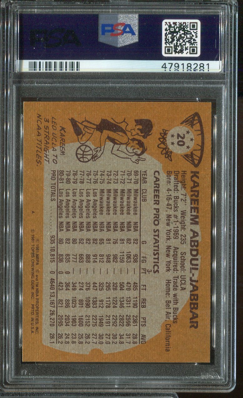 1981 Topps #20 Kareem Abdul-Jabbar PSA 8  view 2