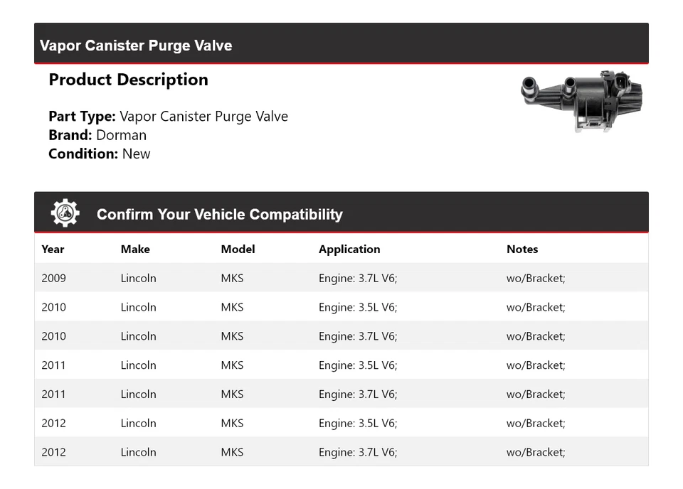 Válvula de purga de bote de vapor Lincoln MKS Dorman 2009-2012 2010 2011 Foto 2 de 4