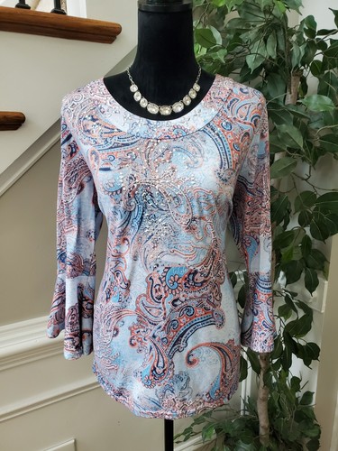 Gloria Vanderbilt Womens Multi Paisley Long Sleeve Round Neck Top Blouse Medium - Picture 11 of 11