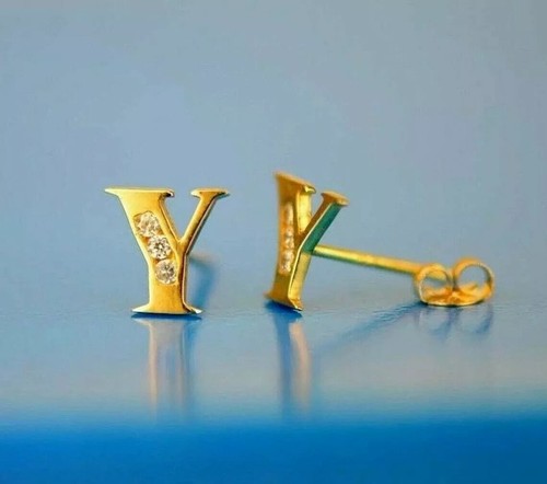 Solid 14k Yellow Gold Initial Letters Stud Earrings w/ Sparkling White CZ Stones - Picture 25 of 27