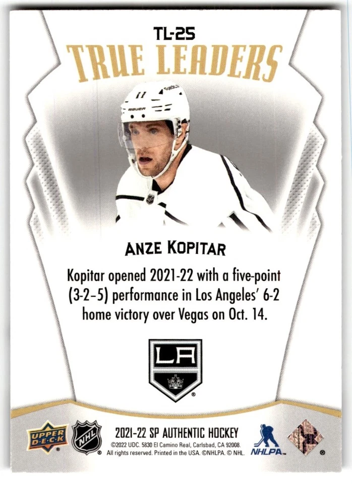 2021-22 SP Authentic True Leaders Anze Kopitar #TL-25 - Image 2 of 2