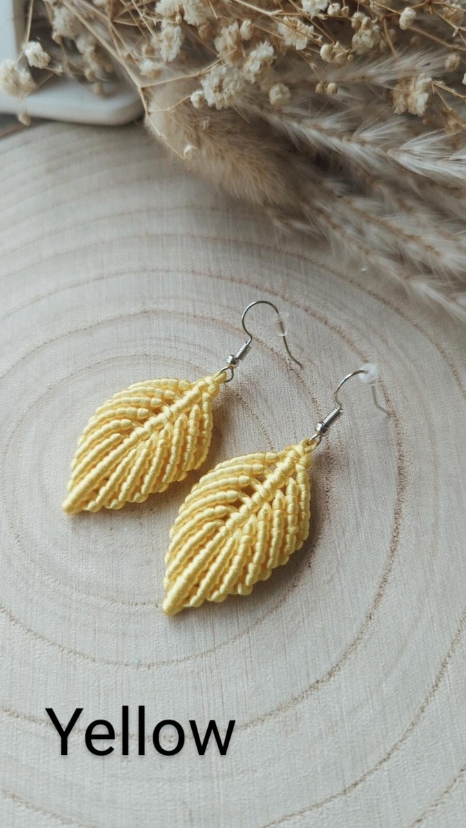 Macrame Leaf Feather Earrings Green Leaf Dangle Drop Jewellery