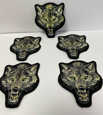 Lot De 5 Ecussons Patchs Tête De Loups Aux Yeux Verts Thermocollant B07