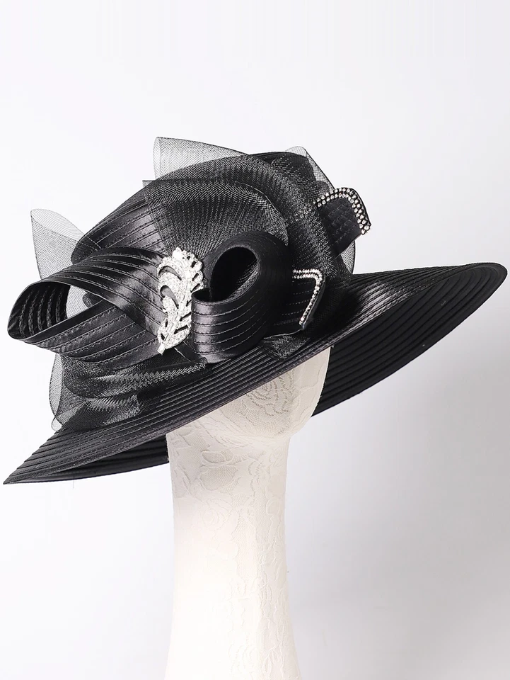Sombrero de navegante de iglesia Fedora Derby negro ala grande satinado fascinadores sombreros para mujer Foto 3 de 4