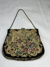 Petit Point Floral Tapestry Purse Clutch Vintage Austria Glass Closure Brass