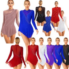 Womens Figure Skating Dress Dance Leotard Dress Mesh Lyrical Dancewear Costume