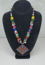 Vintage Brass Coral Turquoise Multiple Stone Colorful Necklace 24"