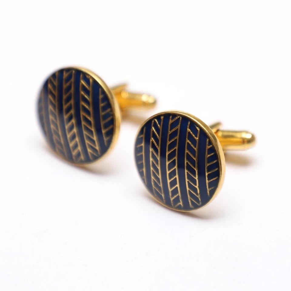 Gemelos de plata de ley 92,5 esmalte azul forma redonda chapados en oro regalo de boda Foto 3 de 4