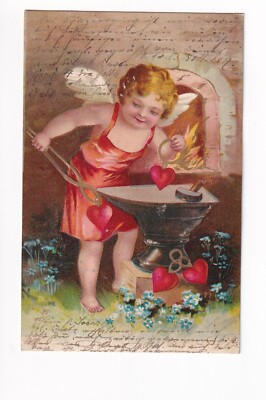 D1117) PostcardENGEL AMOR - schmiedet HERZ Anhännger 1905 Prägekarte