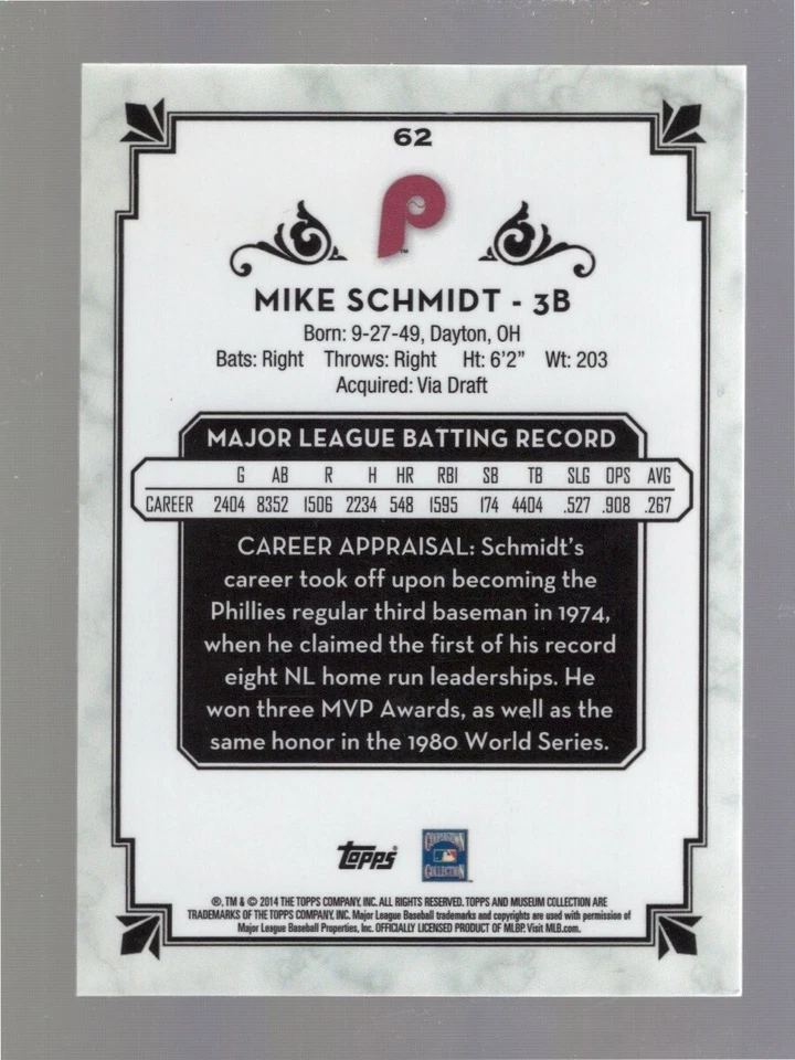2014 Topps Museum Collection #62 Mike Schmidt - Image 2 of 2