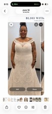 Bellissima Plus 24 Ivory Off-Shoulder Lace A-Line Train Button Back Dress