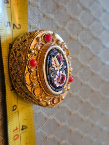 VTG Micro Mosaic Pill Box Oval Floral Ornate Gold Tone Italian Hinged Lid - Afbeelding 12 van 13