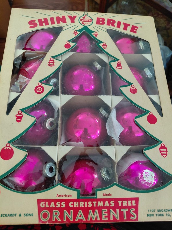 Vtg Set of 12 SHINY BRITE PINK Glass Christmas Tree Ornaments in Box USA Stamped