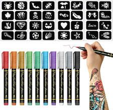 10 Colours Tattoo Pens, Temporary Tattoo Markers for Skin Kit with 32 Stencils, 