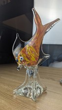VINTAGE MURANO GLASS Tropical Fish In Motion On Stand Gold Red Stripe 12" Tall