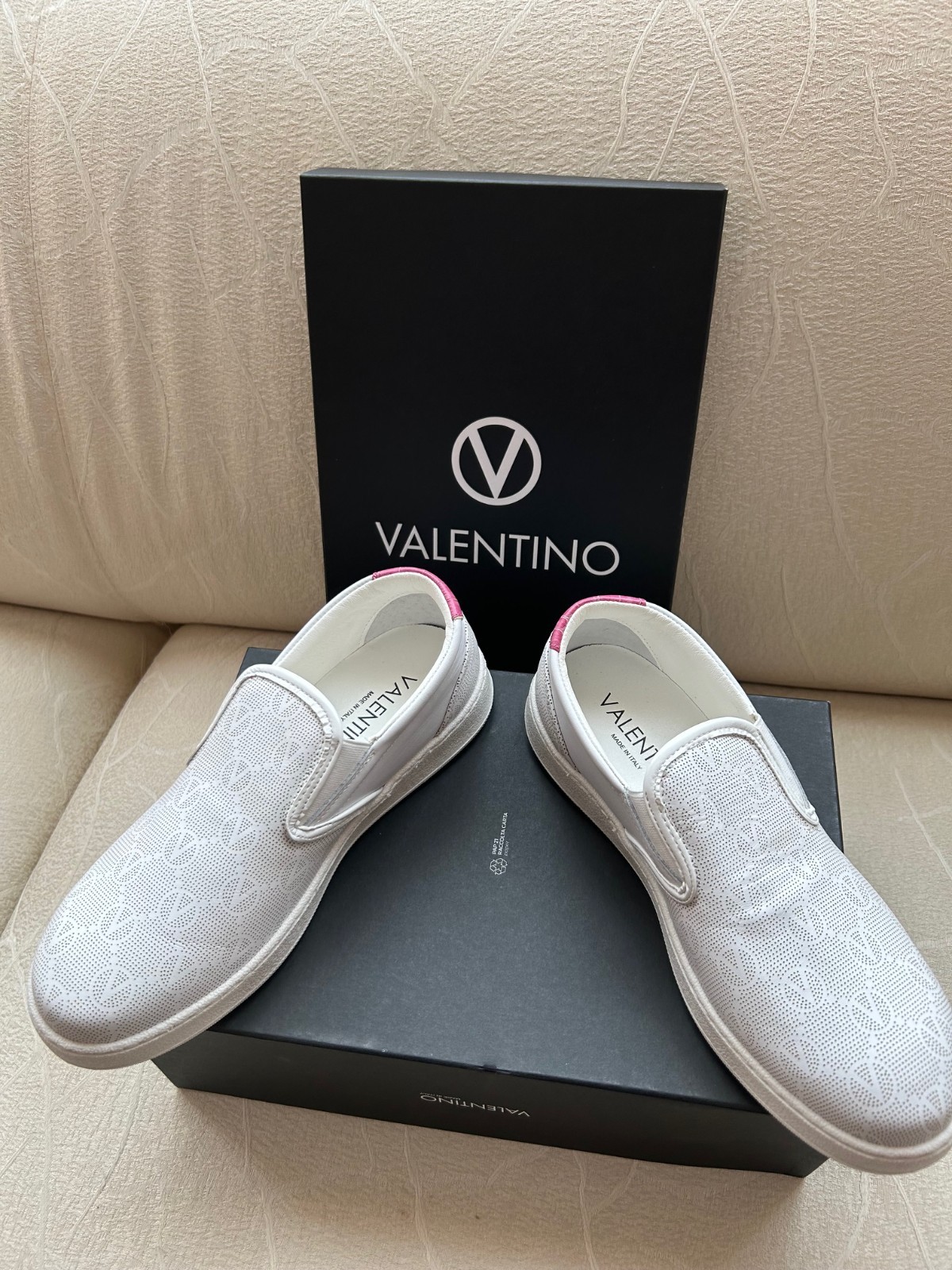 Valentino by Mario Valentino Adriel White/Pink  Monogram Leather Slip On  - 7