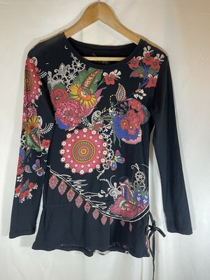 Vintage Y2K verziertes Blumen Patchwork Top schwarz UK 10 Fee Boho Landhaus Kern