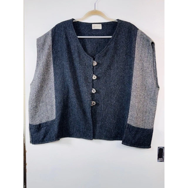 Cotswold Woollen Weavers Wool Vest/Poncho Charcoal Colorblock Made in UK Boho