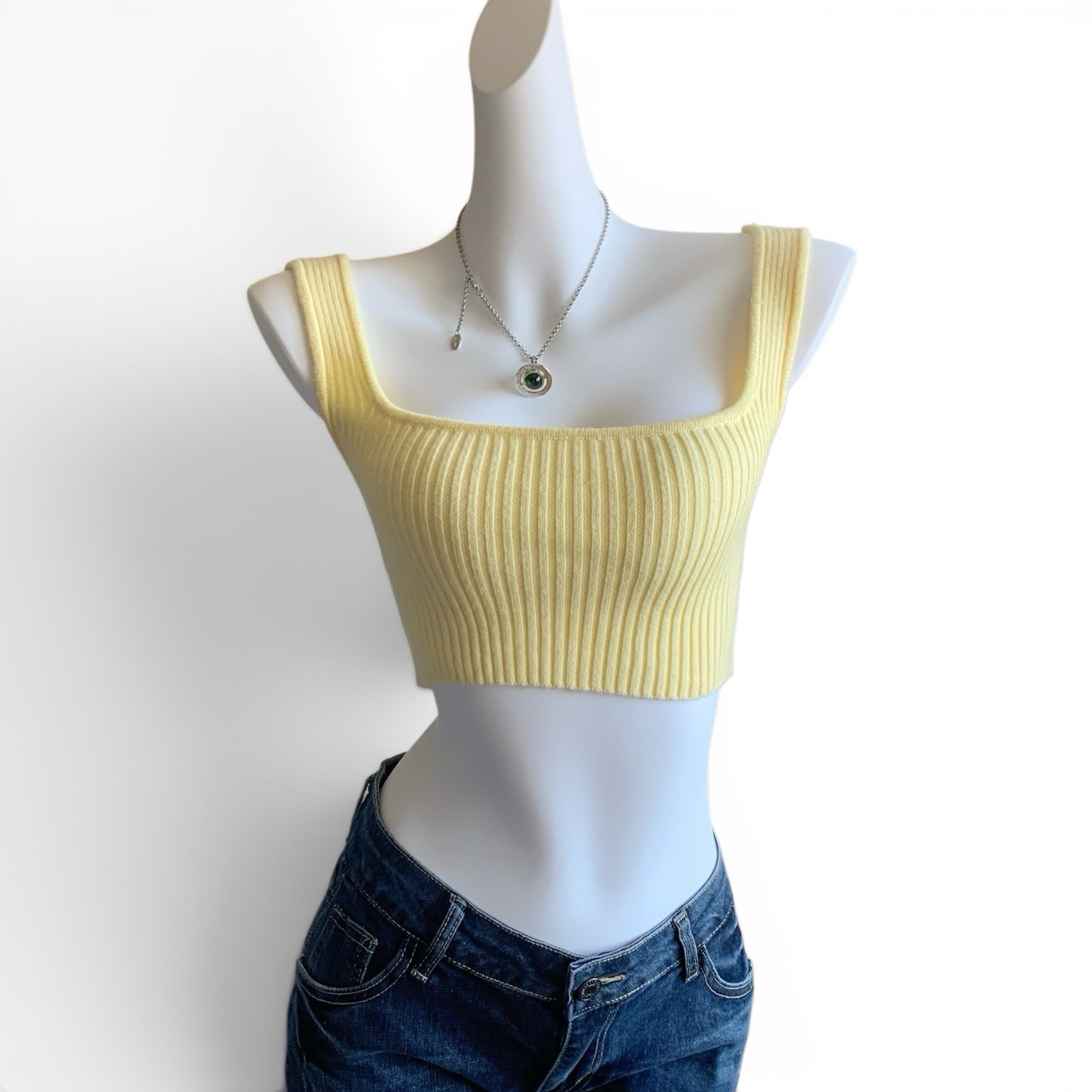 ZARA Yellow Ribbed Knit Crop Top Square Neck Tank Fitted Stretch Size S
