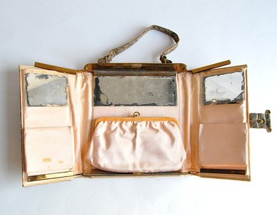AS IS Gold Brocade Folding Minaudiere Evening Purse Triple Mirror Coin Purse VTG